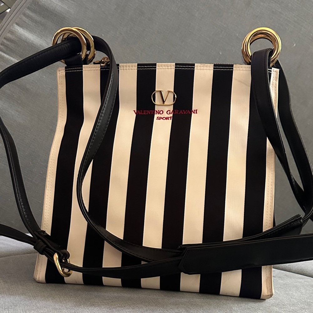 Valentino Garavani Sport V Black and White Striped Nylon Shoulder Bag